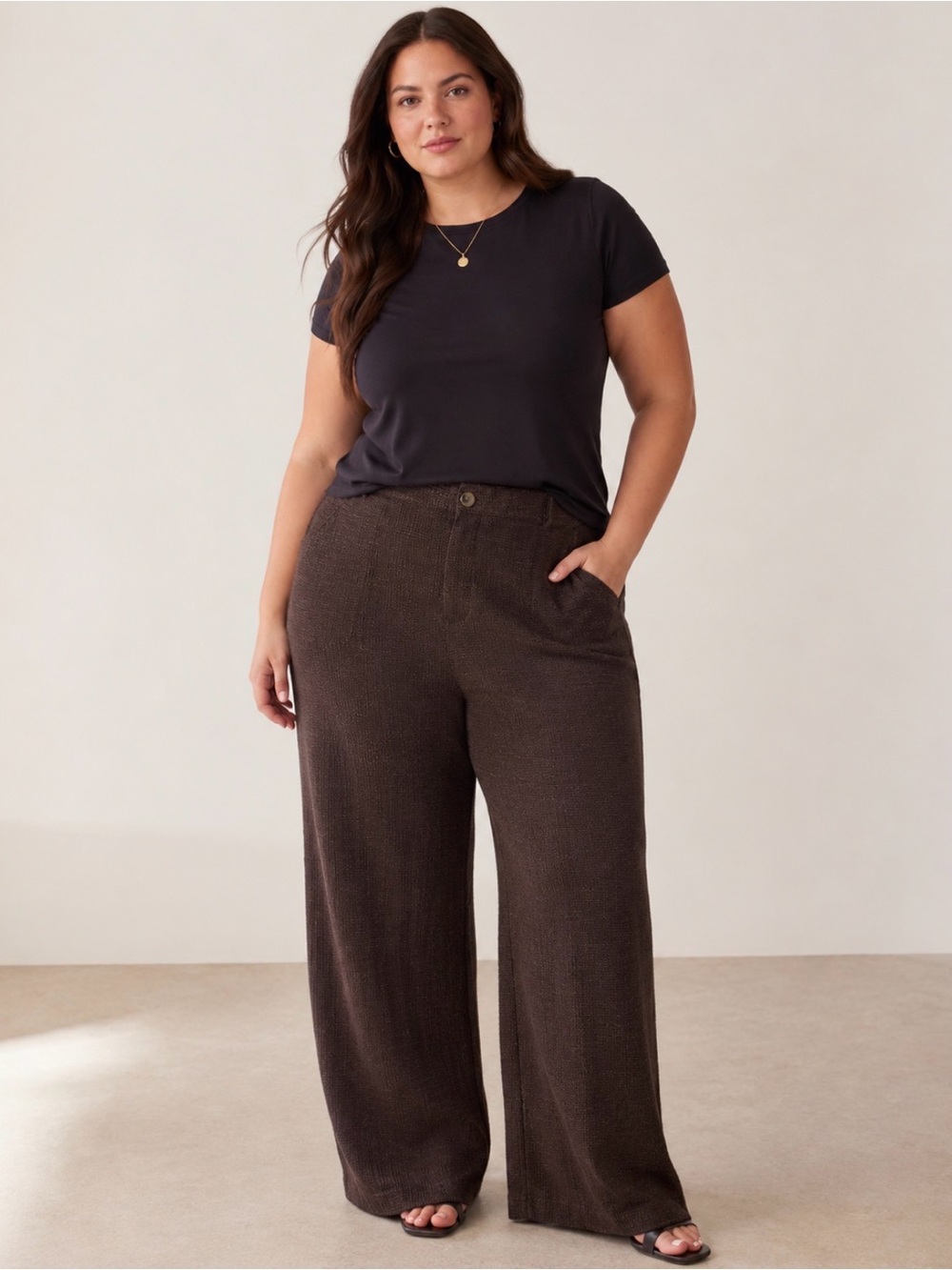 H&M Chocolate Brown Textured Wide Leg Pull-On Pants NWT Women’s XL